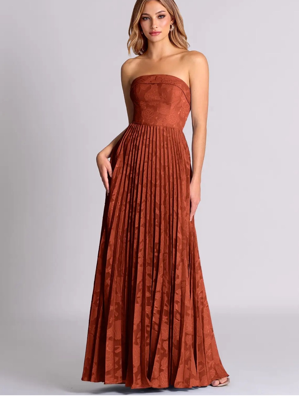 Azazie Strapless Pleated Maxi Dress in Rust